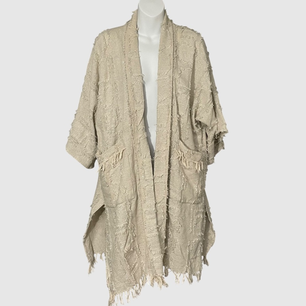 Pilcro Fringed Open Front Kimono Cardigan Silver Shimmer Textured Pockets Boho